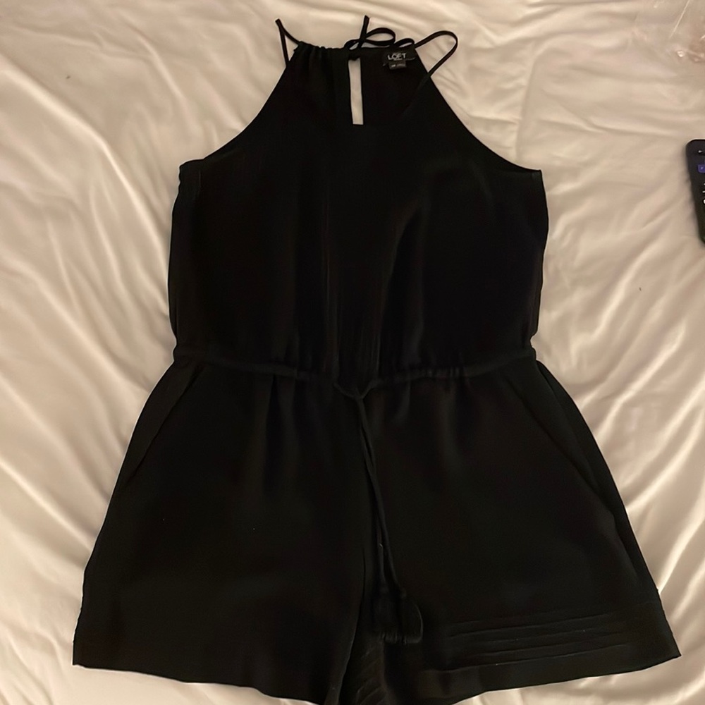 LOFT Black Embroidered High Neck Romper with Tassel and Tie Back